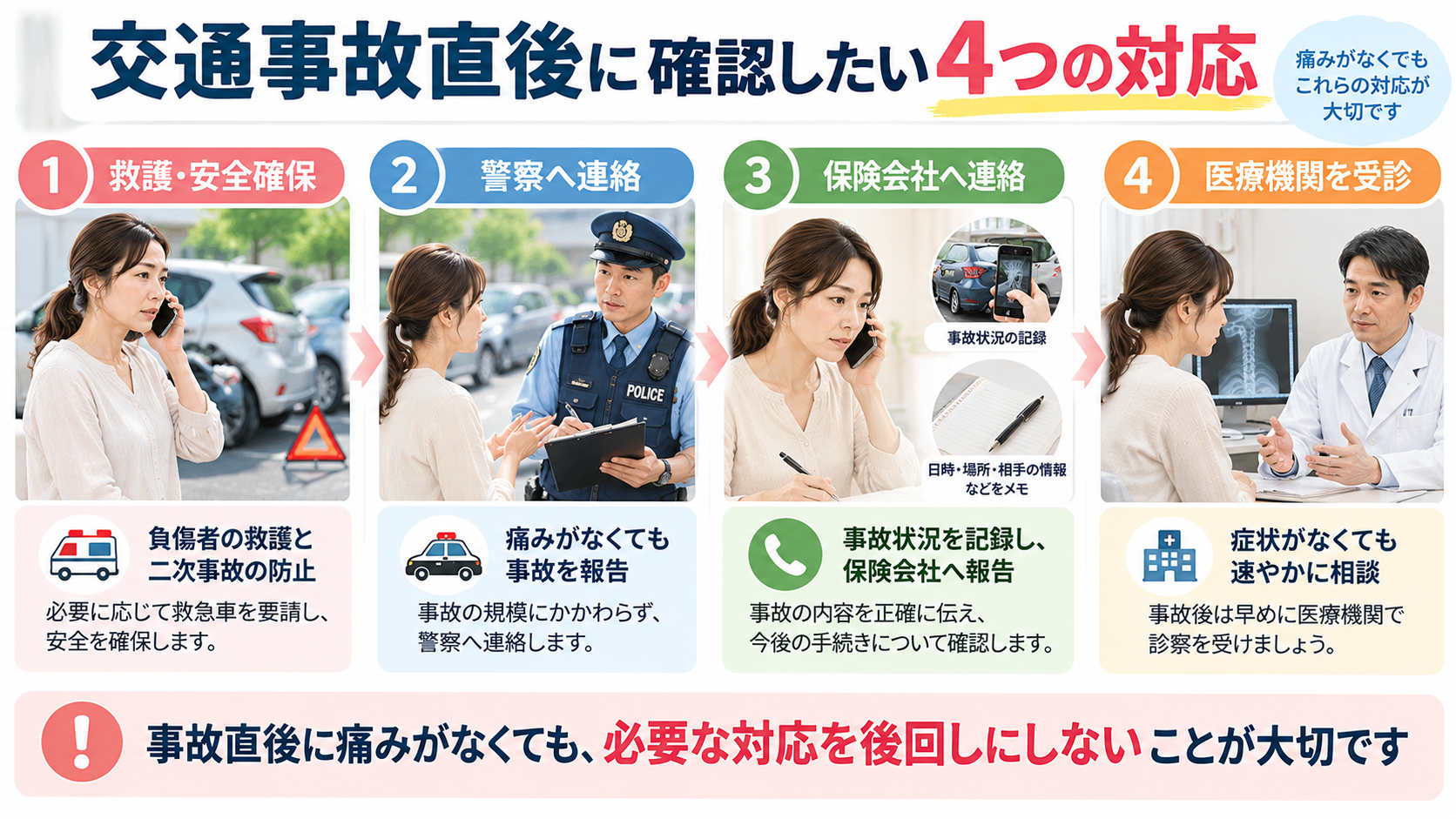 交通事故後に必要な救護と安全確保、警察への連絡、保険会社への報告、医療機関での診察を4段階で示した画像