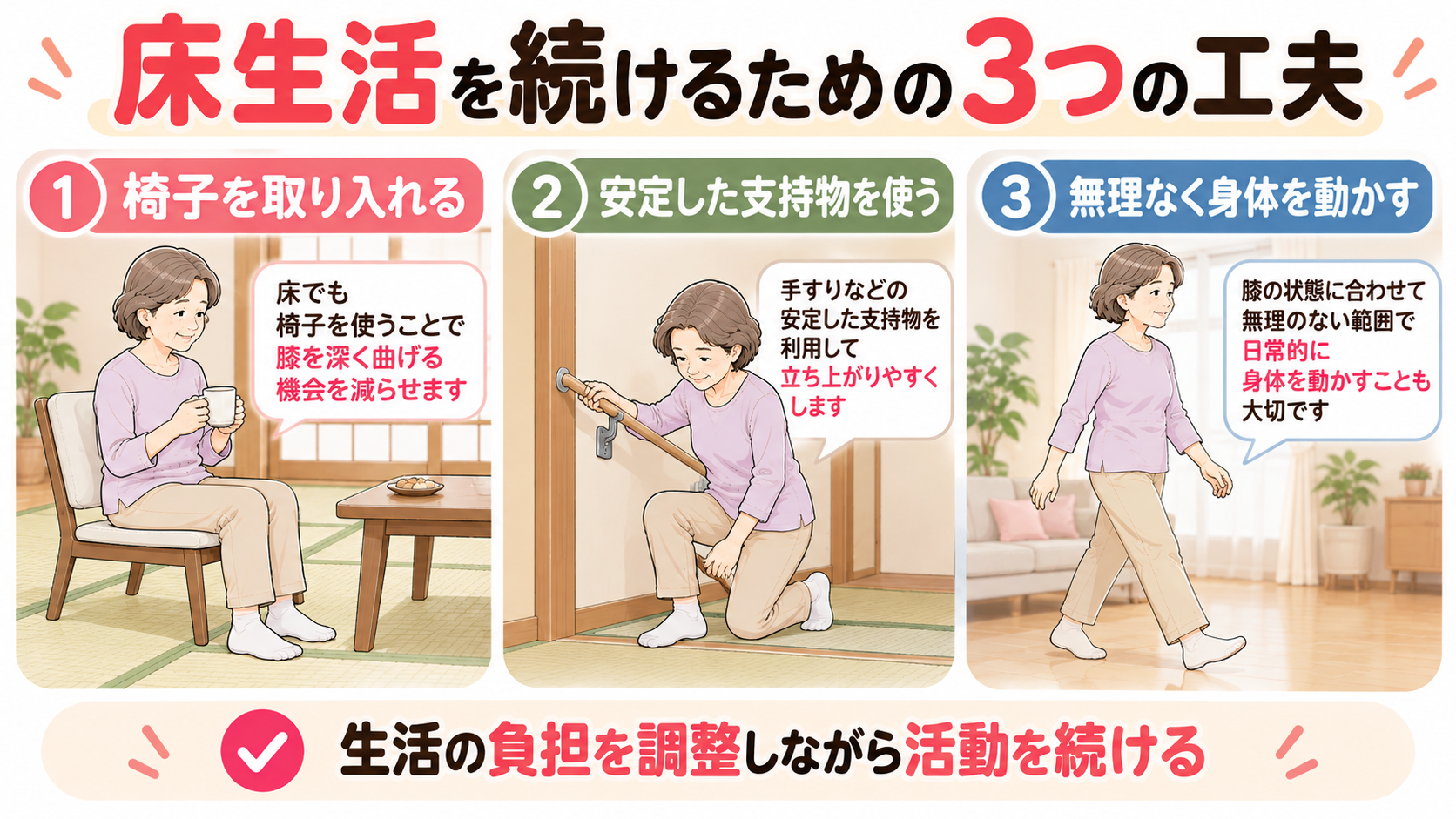 変形性膝関節症で床生活を続けるための3つの工夫。和室で椅子を使う、安定した手すりで立ち上がる、無理なく歩く様子
